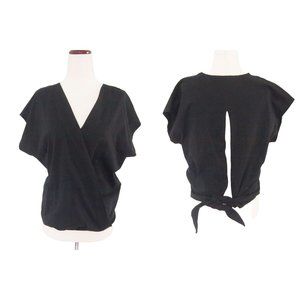 Ba&sh Womens Blouse Top 1/S Black Wrap Front Open Tie Back Cropped Knit